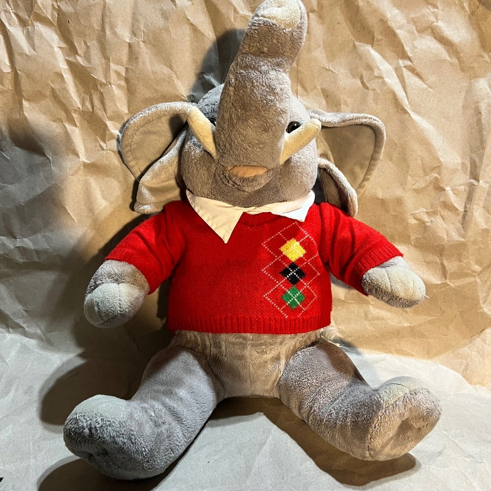 Build-A-Bear‎ Elephant Plush Grey Red Argyle Sweater Preppy Trunk Up Luck